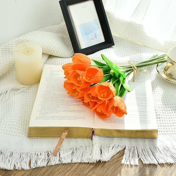 Mandy's Artificial Tulips 12 Stems Orange Partially Open PU Faux Flowers for Wedding Home Decor 13.5 Inch