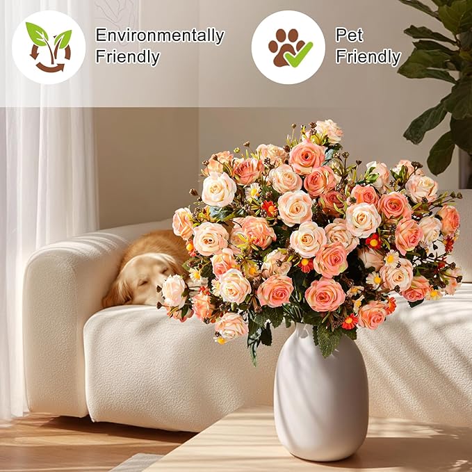 Artificial Rose Flowers for Outdoor 4 Bundles Rose Bouquet with Daisy Faux Flowers UV Resistant for Home Indoor Outside Garden Porch Window Box Balcony Yard Porch Fall Decor (Orange)