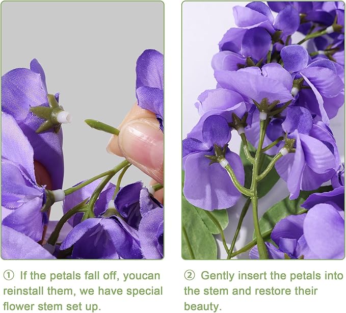 HyeFlora Wisteria Artificial Flowers for Indoor Decoration, 2Pcs Purple Fake Hanging Flowers for Table, Kitchen, Living Room, Bathroom, Home, UV & Fading Resistant Office Decor
