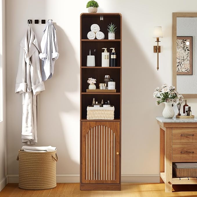 67" Tall Slim Bathroom Storage Cabinet, Narrow Bathroom Towel Cabinet with Arched Door and Adjustable Shelves, Mid Century Modern Laundry Room Organization for Small Space, Kitchen, Living Room,Walnut