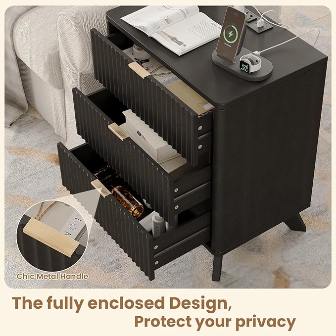 30" Tall Fluted NightStand,3 Drawers End Table with Charging Station,Modern Side Table with Storage, Night Stand Wood Bedside Tables for Bedroom,Curved Profile Design,Black