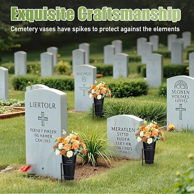 Engraving Metal Cemetery Vases Flower Holder with Spikes Memorial vases for Grave Vase Decorations for Cemetery Vase Flower Holder for Memorial Grave Lawn Yard Funeral Headstone Decor with Freely DIY