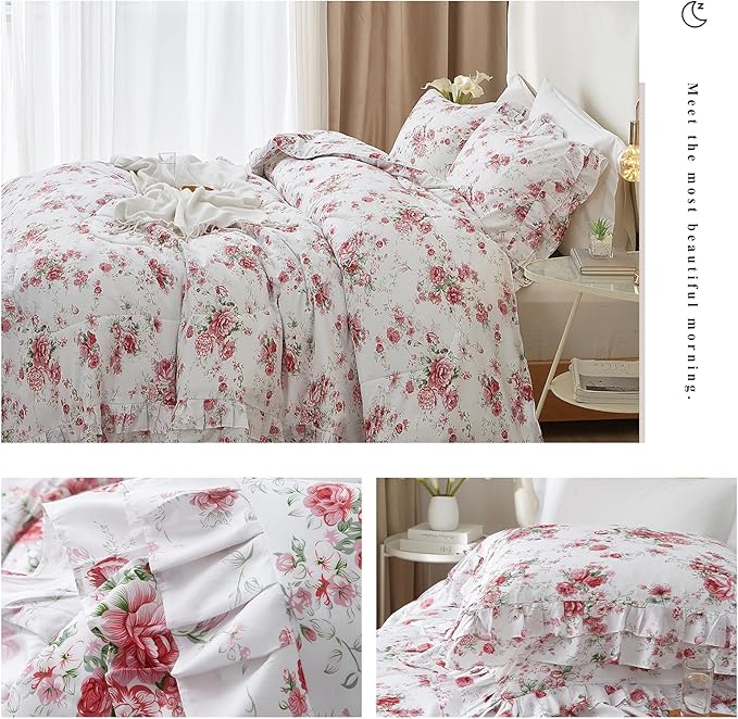 Ruffle Comforter Set Full Pink Red Floral Comforter Princess Lace Floral Bedding Set Soft Microfiber Botanical Bedding Comforter Set 1 Flower Ruffled Comforter with 2 Pillowcases for Teen Girls