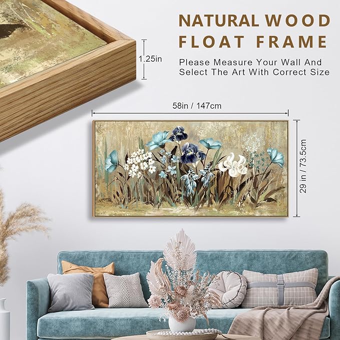 VEAEE Flowers Canvas Wall Art - Floral Canvas Pictures, Living Room Wall Decor, Wildflowers Botanical Canvas Prints Painting Abstract Artwork Bedroom Office Kitchen Home Decoration 29"x58"