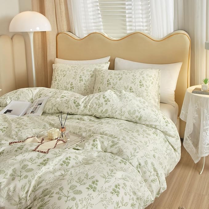 EAVD Reversible Botanical Floral Duvet Cover Queen Soft Cotton Chic Shabby Garden Green Floral Bedding Set with 2 Pillowcases Fresh Vintage Style Green Floral Comforter Cover with Zipper Closure