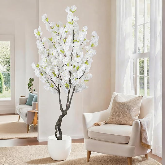 6.23ft Tall White Artificial Cherry Blossom Trees, Realistic Flower Faux Silk Leaves Plant, Fake Cherry Blossom Tree for Home Office Indoor Outdoor Party Wedding Christmas Decor