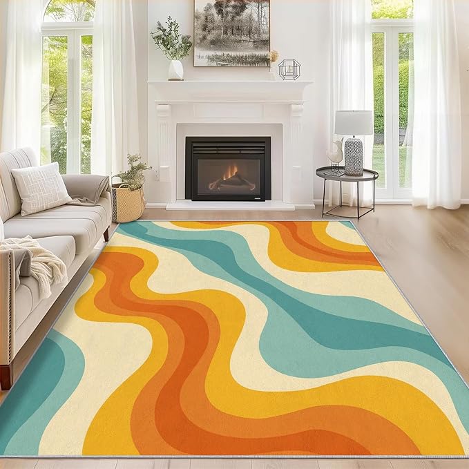 Retro Wavy Rugs for Home Decor, 5x7 ft, Abstract Waves Area Rugs for Living Room, Soft Non Slip Washable 70s Groovy Carpet Bedroom Decorations Dt-Ghf-69