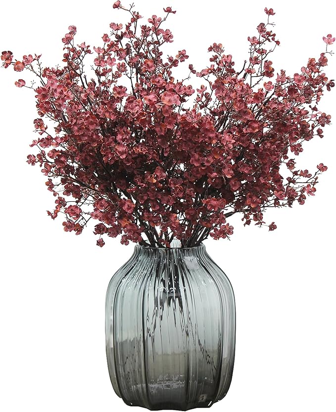 JAKY-Global Babys Breath Silk Artificial Flowers Bulk w/Vase 10pcs Fall Decor Fake Flower Bouquet Bulk Home Kitchen Indoor Bouquet Floral Arrangement Table Centerpieces Decor(Burgundy Red)