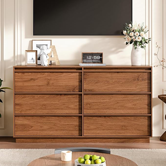 55.12" Modern Chest of Drawer, 6 Deep Drawers,Clothes Organizer,Large Storage Cabinet for Living Room, Bedroom,Dresser TV Stand, Wood Drawer Organizer for Living Room, Hallway, Umber