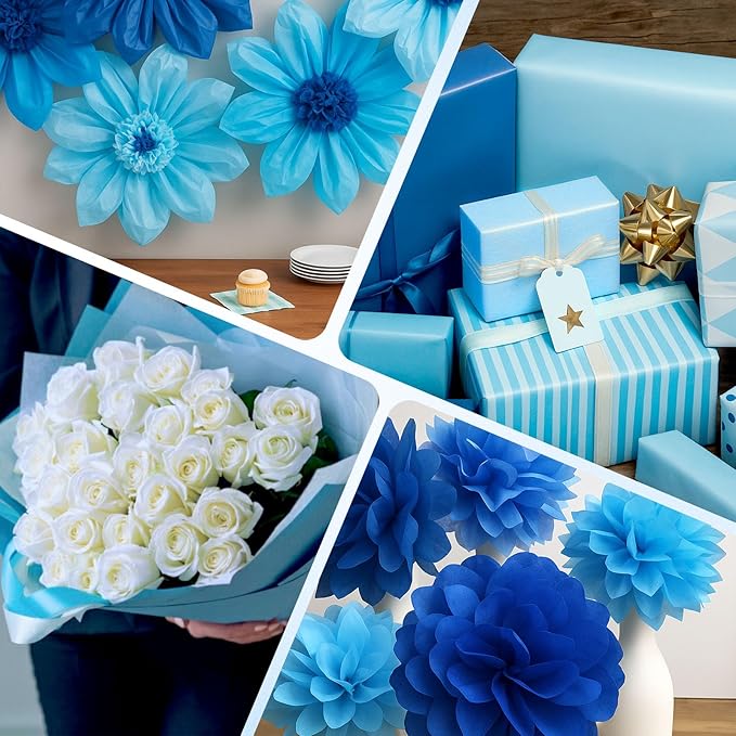 Shindel 200 Sheets Blue Tissue Paper Bulk, 20x28 Inch Blue Wrapping Paper for Christmas Gift Bags DIY Crafts Party Decorations Flower Bouquets