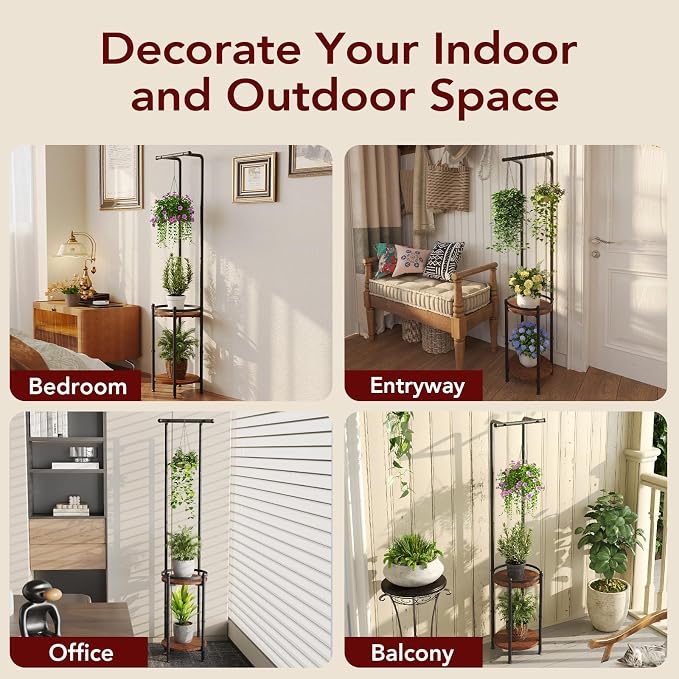 Homsorout Plant Stand Indoor Outdoor - Heavy Duty Metal 2-tier Hanging Plant Holder Space-Saving Iron Plant Stands Tall Plant Shelf for Living Room Garden Balcony（Rustic Brown and Black）