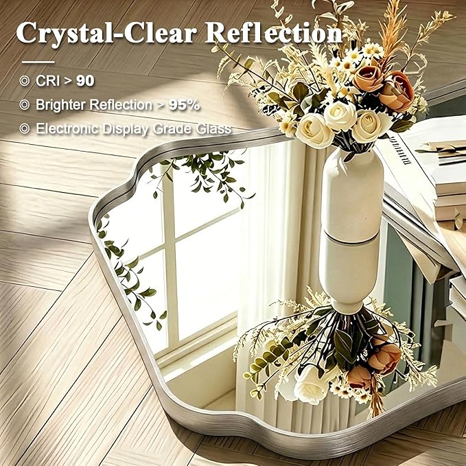 ANDY STAR 30x48 Brushed Nickel Mirror, Large Silver Scalloped Bathroom Wall Mirror with Metal Frame for Vanity, Vintage Scalloped Edge Design with Anti-Rust SUS Frame
