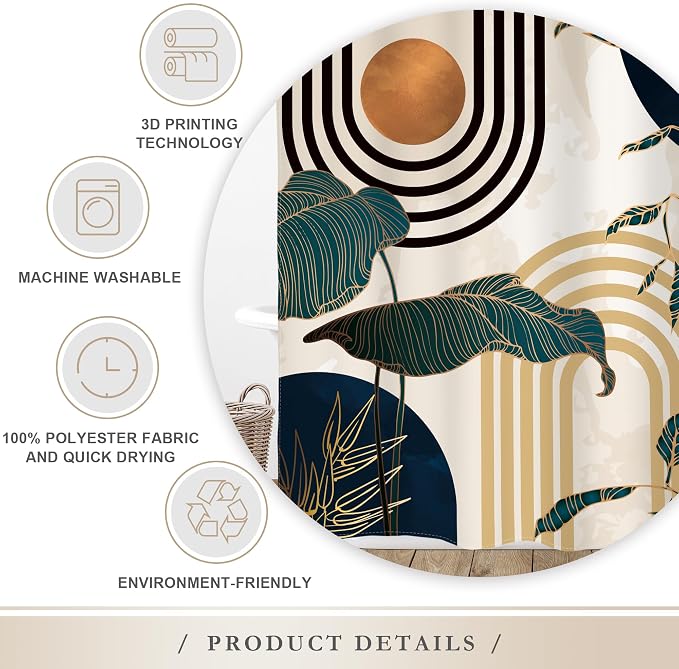 Glawry Blue Abstract Mid Century Shower Curtain Boho Retro Tropical Palm Tree Modern Sun Arch Bathroom Aesthetic Geometric 72Wx72L Inches Bath Accessories Art Home Decor Fabric 12 Pack Hooks