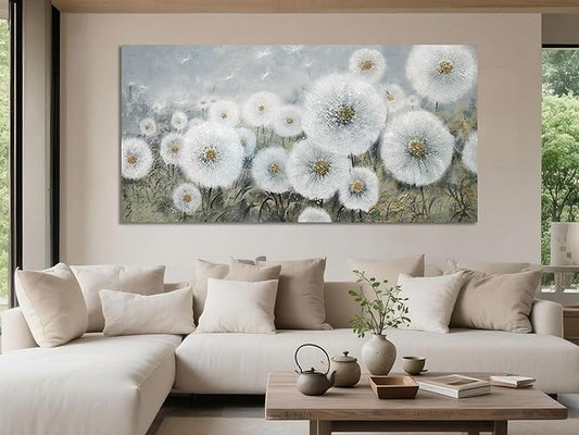 Ardemy Flower Wall Art Canvas Dandelion Painting White Floral Picture, Textured Extra Large Framed for Living Room Bedroom Kitchen Dining Room Home Office Decor 58"x29"