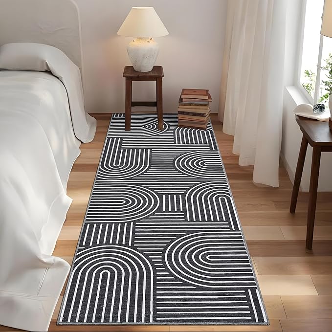 Washable 2x6 Black Runner Rug Modern Abstract Lines Runners for Hallway Non Slip Bathroom Rug Non Slip Kitchen Rugs Modern Minimalist Indoor Accent Carpet for Bedside Entryway Porch, Black