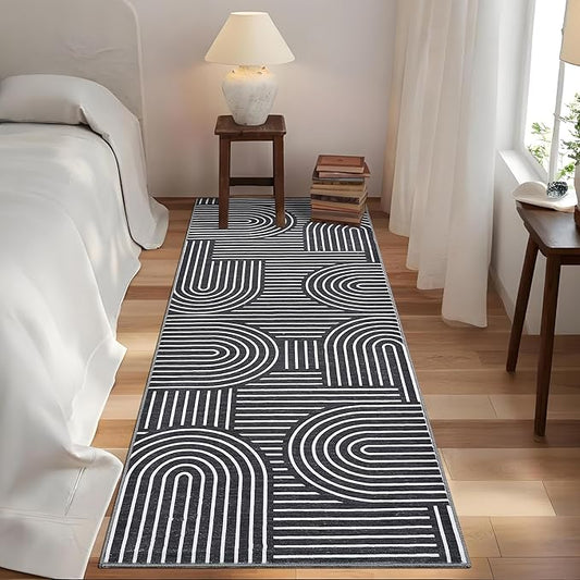 Washable 2x6 Black Runner Rug Modern Abstract Lines Runners for Hallway Non Slip Bathroom Rug Non Slip Kitchen Rugs Modern Minimalist Indoor Accent Carpet for Bedside Entryway Porch, Black