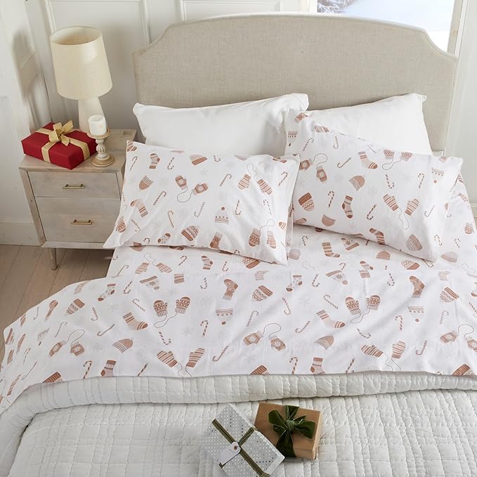 Market & Place 100% Cotton Twin Flannel Sheet Set | 3 Piece Deep Pocket Novelty Cozy Winter Bed Sheets | Double Brushed for Extra Softness & Comfort | Alpine Collection (Twin, Winter Mittens)