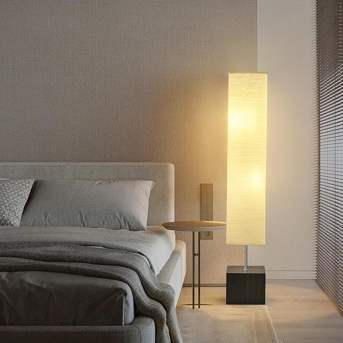 Column Floor Lamp – Natural Wood Base&Rice Paper, Japanese lamp，with Square Base for Living Room,Office, Kids Room, Reading, Home Decor, Off White, 58"