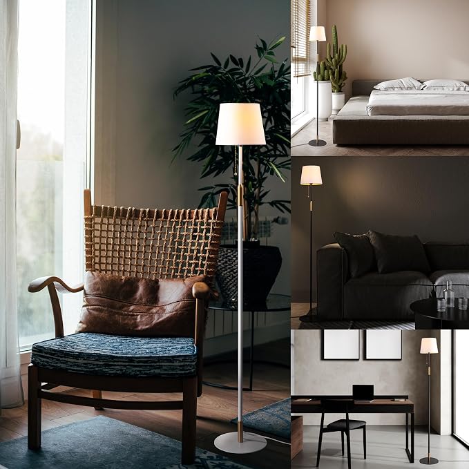 O'Bright Velum Floor Lamp - Elegant Linen Shade, Pull Chain Switch, Luxury Gold Handle, Modern Minimalist Design - Perfect for Living Room, Bedroom, Office - White