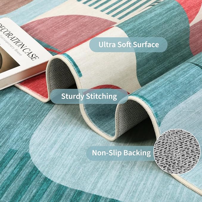 3x5 Washable Rug for Bedroom, Boho Geometric Small Area Rugs for Living Room Entryway Soft Low Pile Non-Slip Indoor Rug for Playroom Dorm, Blue Multi, 3'x5'