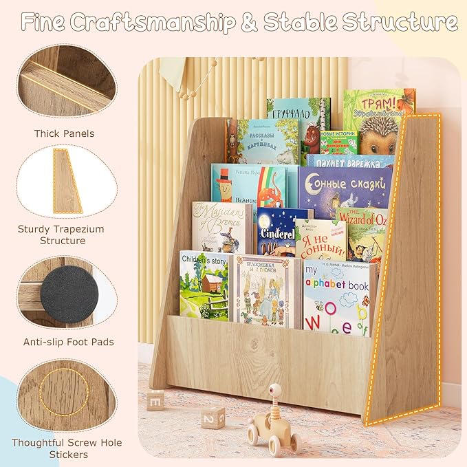 Costzon 4-Tier Kids Bookshelf, Front Facing Children Bookcase with Deep Compartments, Magazine Storage Rack for Kids Bedroom, Playroom, Nursery, Classroom, Kindergarten (Natural)