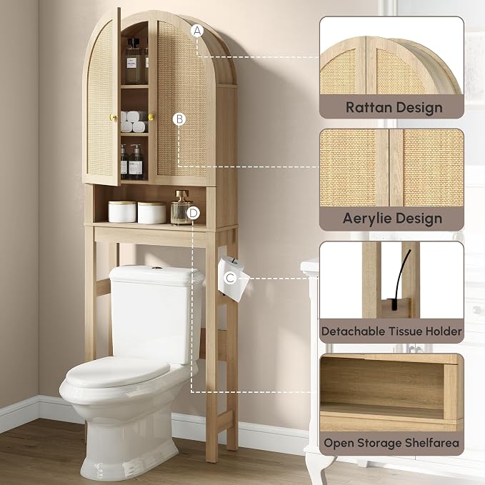 HMstone Over The Toilet Storage Cabinet, Arched Bathroom Organizer and Storage with Rattan Doors and Adjustable Shelf, Space-Saving Freestanding Bathroom Modern Storage Cabinet Over Toilet (Natural)
