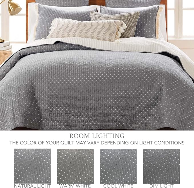 Levtex Home Cross Stitch Reversible Full Bedspread Set (100x104in) with 2 Pillow Shams (26x20in) - Stitch Texture - Grey and White - Cotton Full Size Bedspread Set - Lightweight, Soft, Pre-Washed