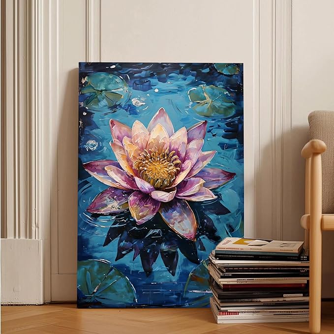 Gorgeous pink and purple water lilies on deep blue water Eye-catching oil painting Serene aquatic wall art for modern home decor 28x40in Wood Framed