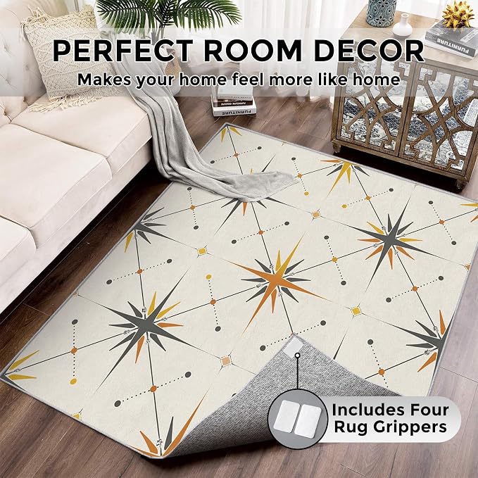 Atomic Rugs for Bedroom 3x5 ft, Mid Century Modern Area Rugs for Living Room, Washable Non Slip Low Pile Starburst Carpet, Home Decor PF-P 107