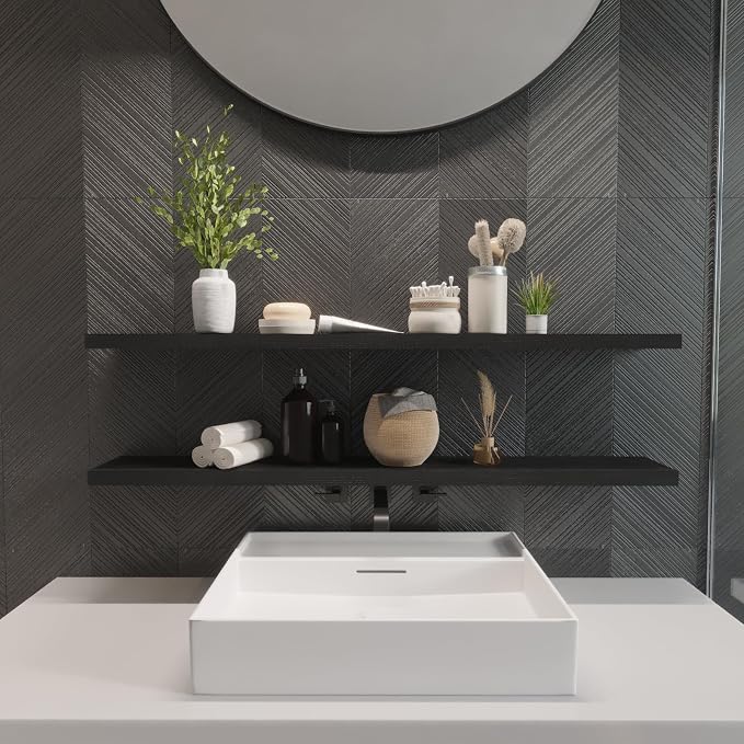 SAUMONIERES 48 Inch Floating Wall Shelves for Bedroom Bathroom Wall Mounted Solid Wood Shelf Storage Decor Set of 2, Black Floating Shelves