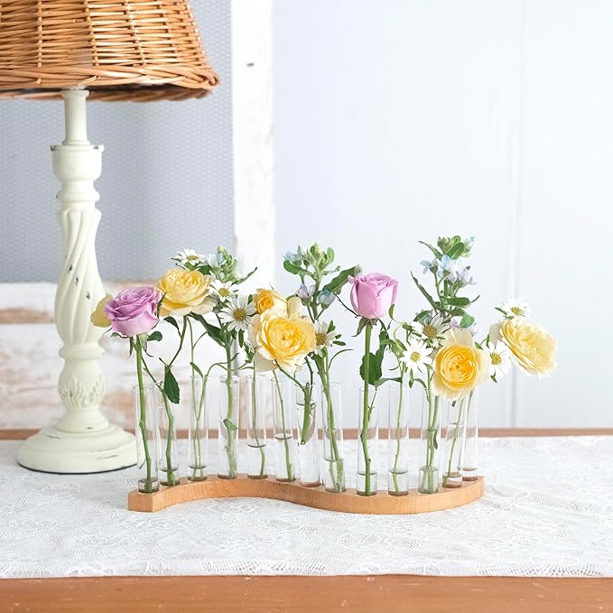 Test Tube Vases for Flowers，Small Plant Propagation Station，S Shape Plant Terrarium with Wooden Stand (Solid Beech)