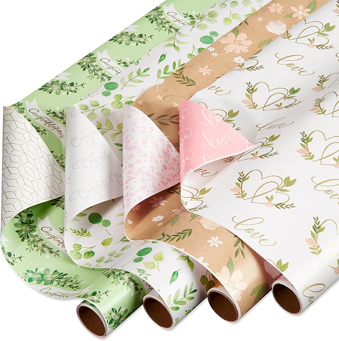 American Greetings 160 sq. ft. Reversible Wrapping Paper Bundle for Weddings, Bridal Showers and All Occasions, Greenery and Love Text (4 Rolls, 30 in. x 16 ft.)