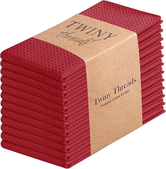 TWINY threads Red Kitchen Towels Set of 12, 16x26 Inches, 100% Cotton Waffle Weave Dish Towels, Soft and Absorbent Tea Towels with Hanging Loop, Washable Reusable Cloths for Cleaning