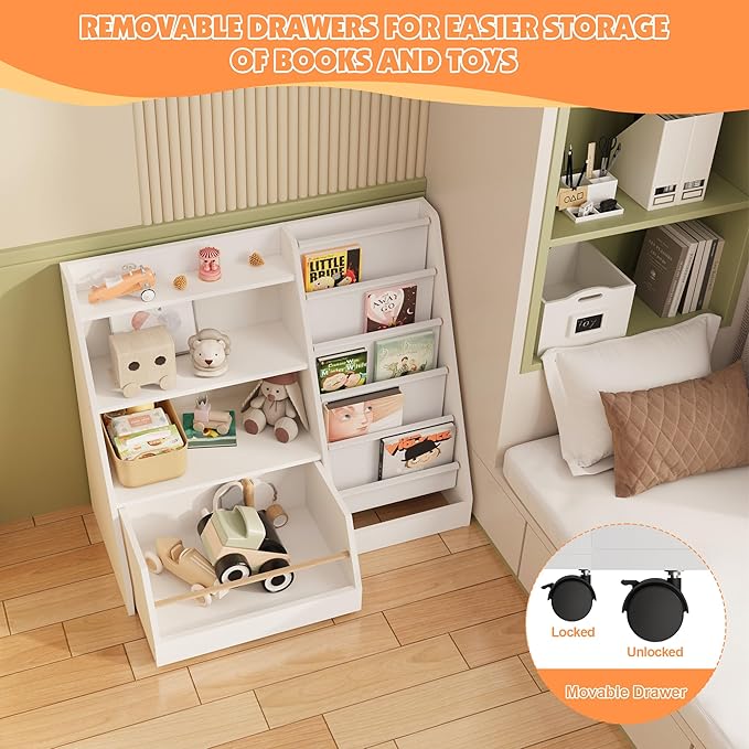NACHES Kids Bookshelf,Toddler Bookcase Toy Bin with 1 Drawer 3 Sling Pockets –Children Bookshelf with Storage for Bedroom,Nursery or Playroom FSC Wood,Trapezoid 35" W, White (1 Movable Drawer)