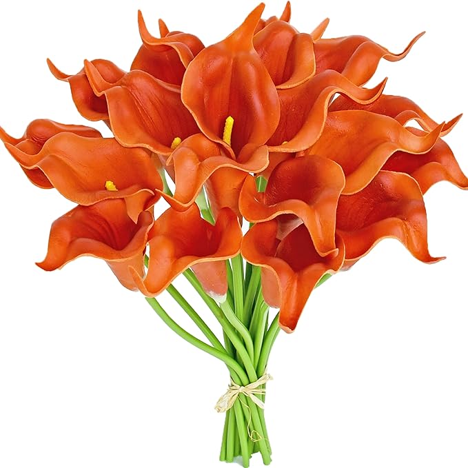 Mandy's PU Burnt Orange Calla Lily Artificial Flowers 20 Stems 13.5in Faux Realistic Centerpiece for Thanksgiving and Christmas Decorations DIY Bridal Bouquet Home Décor