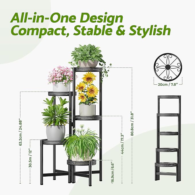 5 Tiered Tall Plant Stand Indoor Outdoor, Metral Plant Shelf for Corner Display Rack, Multi-Tier Folding Planter Pot Holder Flower Stand for Living Room Balcony Garden Patio - BlackS