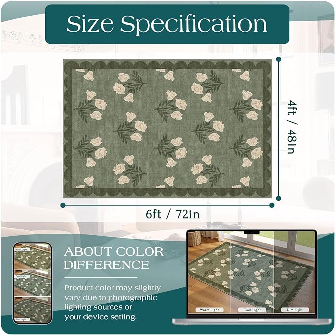 4x6 Covered Outdoor Patio Rug - Green Washable Front Porch Entry Rug Non-Slip Door Mat Indoor Outside Entrance Vintage Floral Scalloped Area Rug for Living Room Entryway Backyard Porch Decor