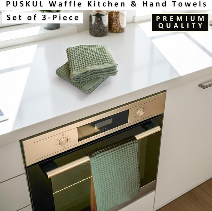 PÜSKÜL Natural 100% Turkish Cotton Waffle Kitchen Towels Set of 3 | Oeko-Tex, Premium Waffle Hand Towels for Bathroom | Soft Absorbent Quick-Dry Lint-Free Dish Towel Large 32x16 inch (3, Sage Green)
