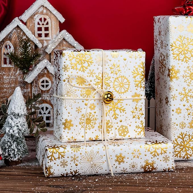 Flyhill Kraft Christmas White Wrapping Paper,Gold Luxury Snowflake Metallic Gold Embossed Foil Gift Wrap Roll Design for Holiday, Party,Celebration, New Year (17 Inch X 32.8 Feet)