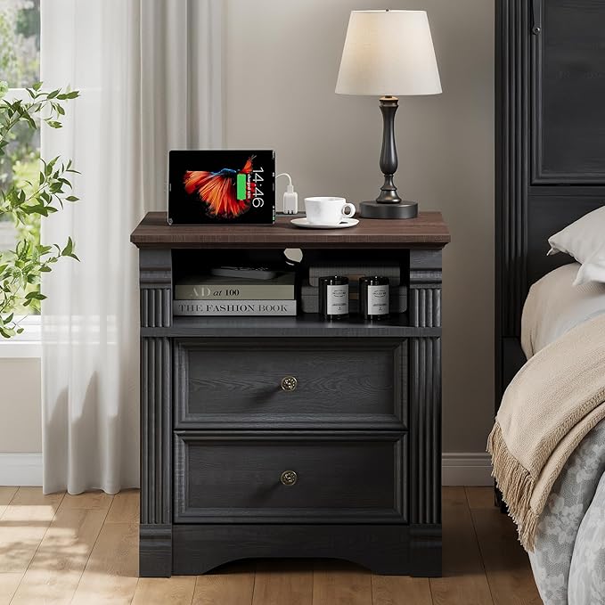Black Nightstand with Charging Station, Side Table Storage Cabinet with 2 Drawers and Chic Wood Pilasters Design, Farmhouse Wood Bedside Table & End Table with Metal Handles for Bedroom, Living Room