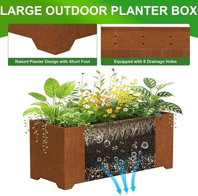 Large Planters for Outdoor Plants 32"L x 15"W x 15"H, Co-rten Steel Planter Box with 6 Drainage Holes, Raised Bottom, All-Weather Garden Planter Box for Patio, Lawn, Commercial & Residential