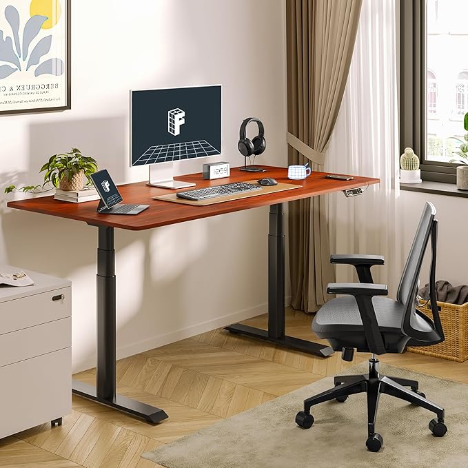 FLEXISPOT E6 Pro Oval Leg Dual Motor 3 Stages Standing Desk 48x30 Inch Whole-Piece Board Electric Height Adjustable Electric Sit Stand Up Desk 150KG Load Capacity (Black Frame + Mahogany Desktop)