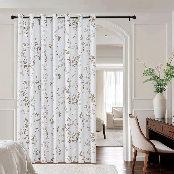 Beauoop Floral 100% Blackout Curtains 84 Inch Length 1 Panel for Patio Sliding Door Extra Wide Tan Brown Flower Patterned Divider Room Darkening Thermal Soundproof Grommet Window Drapes, 100x84, 1 set