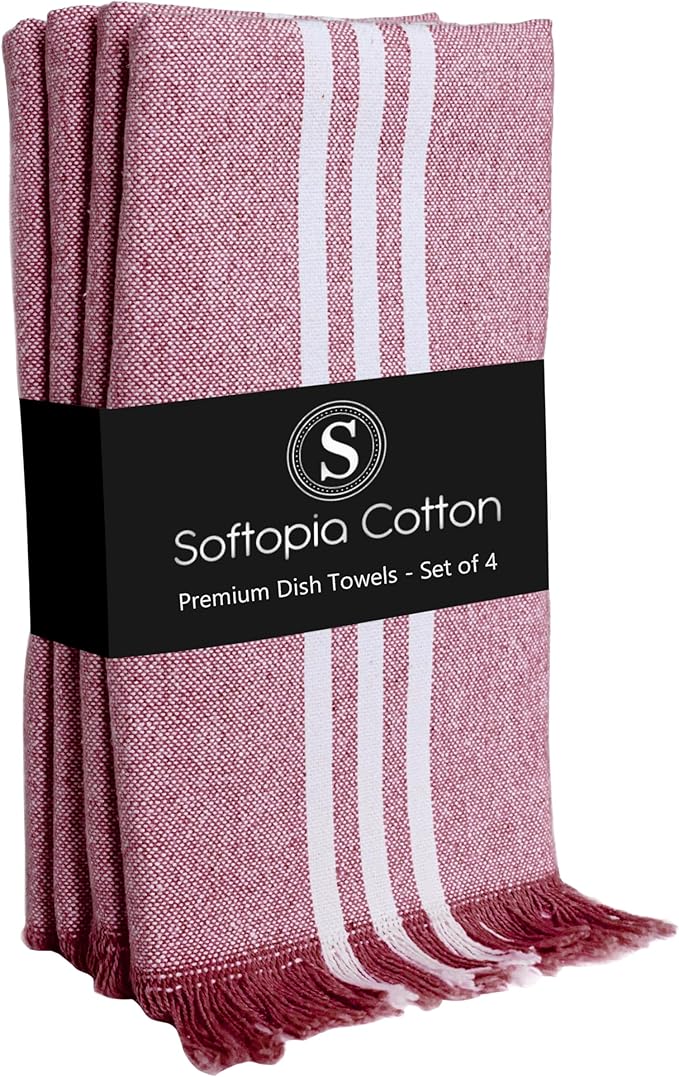Prewashed Stripe Dish Towels 4 Pack, 16x26 Inches, Absorbent Hand Towels for Kitchen Use, Quick Dry Cloths for Cleaning, Durable Washable Rags, Reusable Dishcloth Set - Burgundy Wine