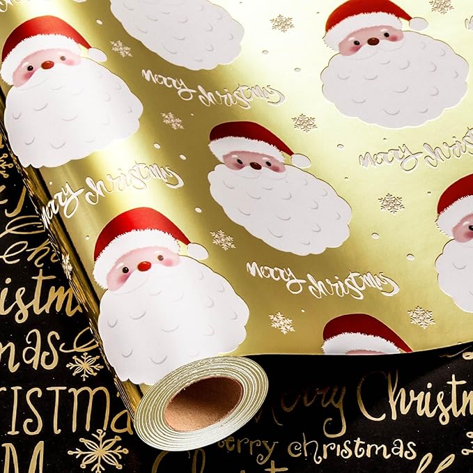 MAYPLUSS Gold Santa Claus Wrapping Paper Roll, 17IN X 33FT Christmas Gift Wrap Paper Featuring Reversible Merry Christmas for Holiday New Year Kids