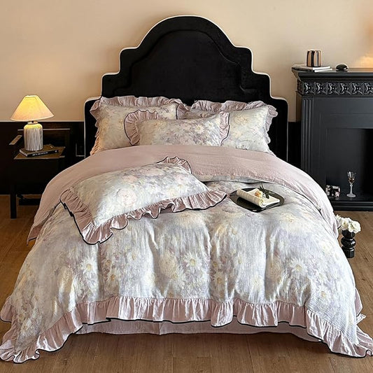 HighBuy Ruffle Floral Linen Duvet Cover Twin Size,Chic Cottagecore Pure French Yarn-Dyed Cotton Linen Comforter Cover Set 3 Piece Coquette Farmhouse Bedding for Teen College,Breathable Durable