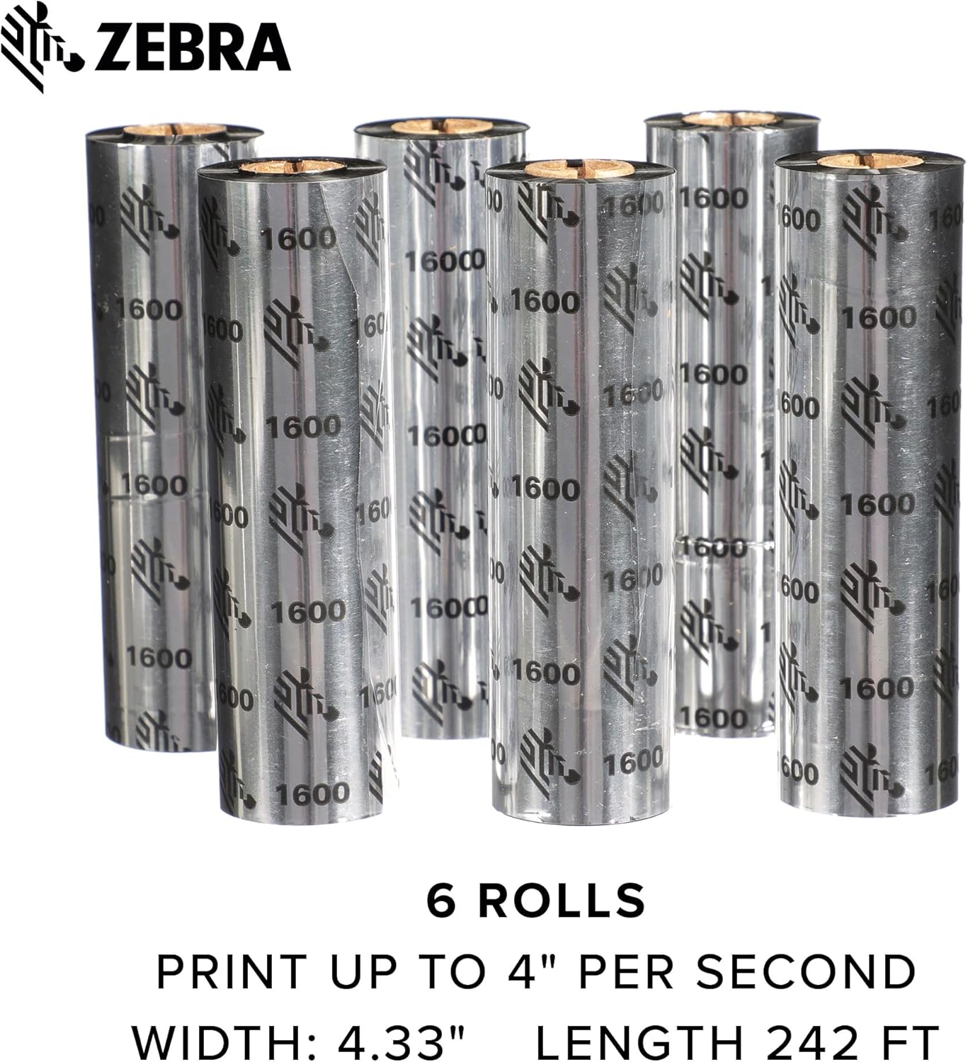 Zebra Black Wax Ribbon - Thermal Transfer Printer Compatible - 4.33" Width, 242 ft Length, 0.5" Core | Pack of 6 Rolls