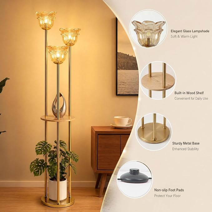 Fiqevs Crystal Floor Lamp with Shelves, 3 Head Modern Gold Standing Lamp with Table, Amber Flower Crystal Shade Brass Corner Lamp Mid Century Retro for Living Room, Bedroom
