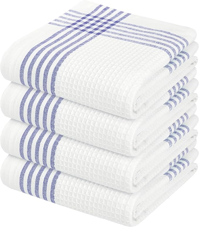 Waffle White & Indigo Blue Kitchen Towels 4 Pack, 100% Cotton, 16x26 inches, Premium Dish Towel, Long Lasting Bar Mop Cloths, Perfect for Drying Dishes, Cooking and Cleanup