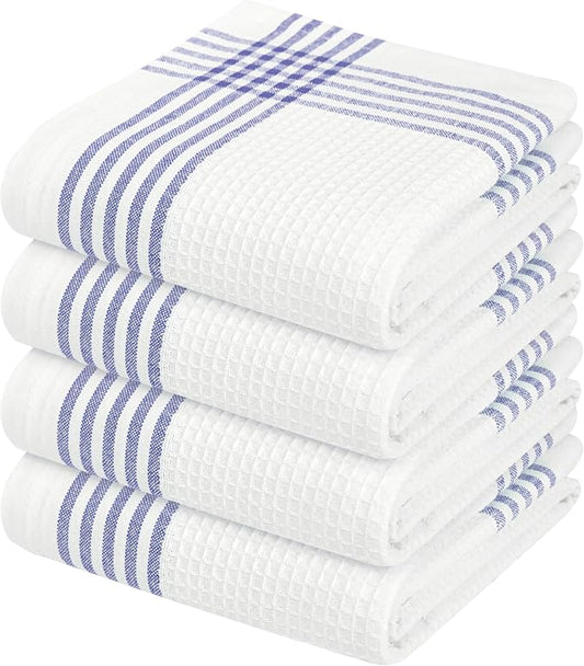Waffle White & Indigo Blue Kitchen Towels 4 Pack, 100% Cotton, 16x26 inches, Premium Dish Towel, Long Lasting Bar Mop Cloths, Perfect for Drying Dishes, Cooking and Cleanup